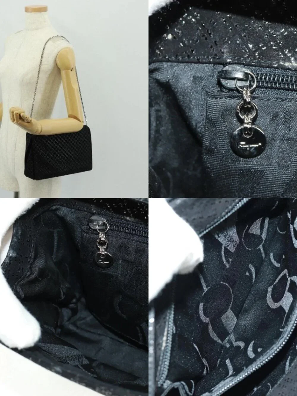 Salvatore Ferragamo Chain Shoulder Bag Suede Black Silver Auth 154248V
